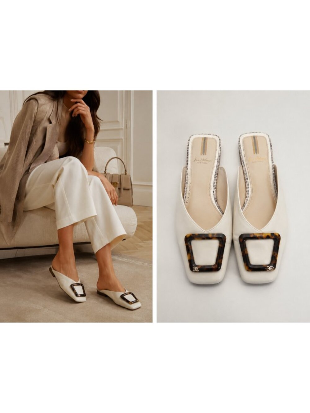 Sam Edelman Ivory Leather Square Toe Tortoise Buckle Mules Size 7.5
